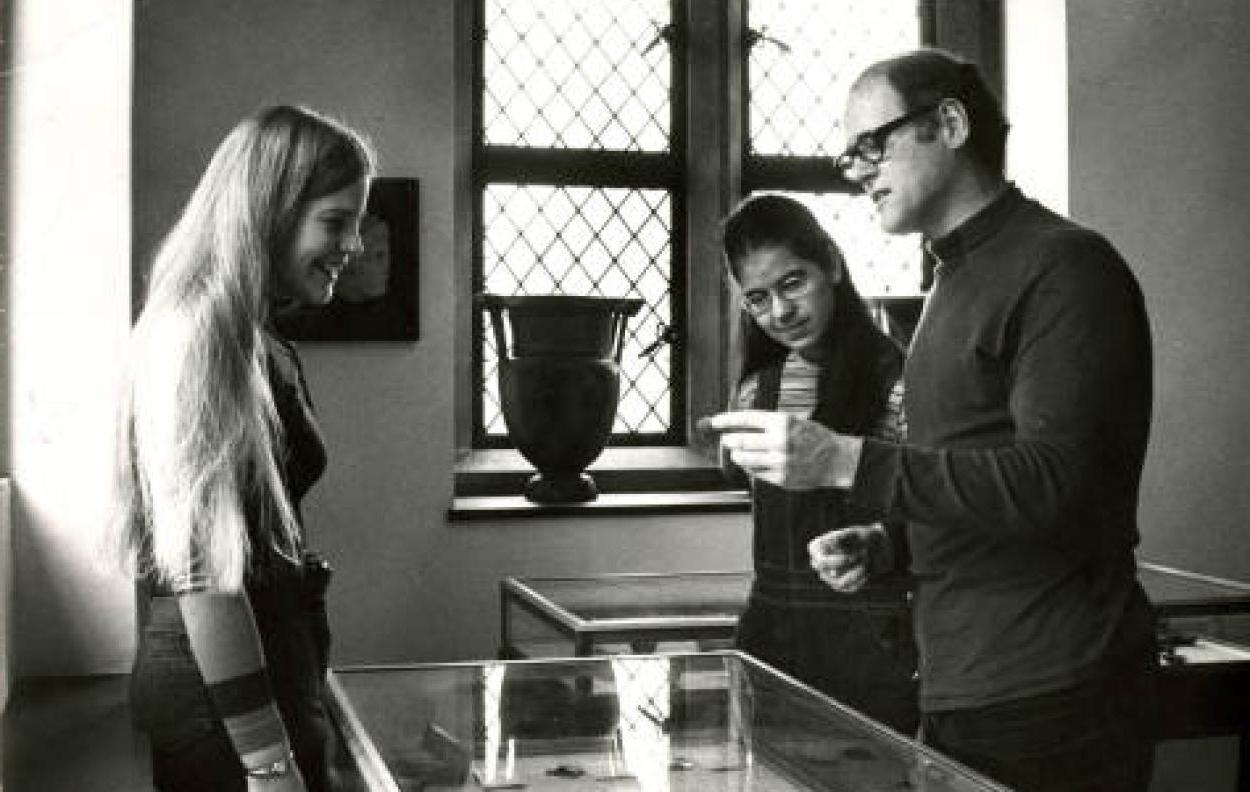 Cornelia King (B.A., 1975), Ann Steiner (Ph.D., 1981) and Professor Carl Nylander examine pottery in the Ella Riegel Memorial Museum, 1972.jpg